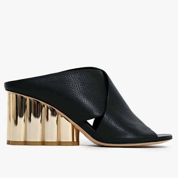 Salvatore Ferragamo Abriola Black Leather Gold Column Heel Wedge Sandal